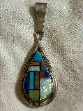 Sterling Silver Teardrop Inlay Pendant with Turquoise & Opal Accents